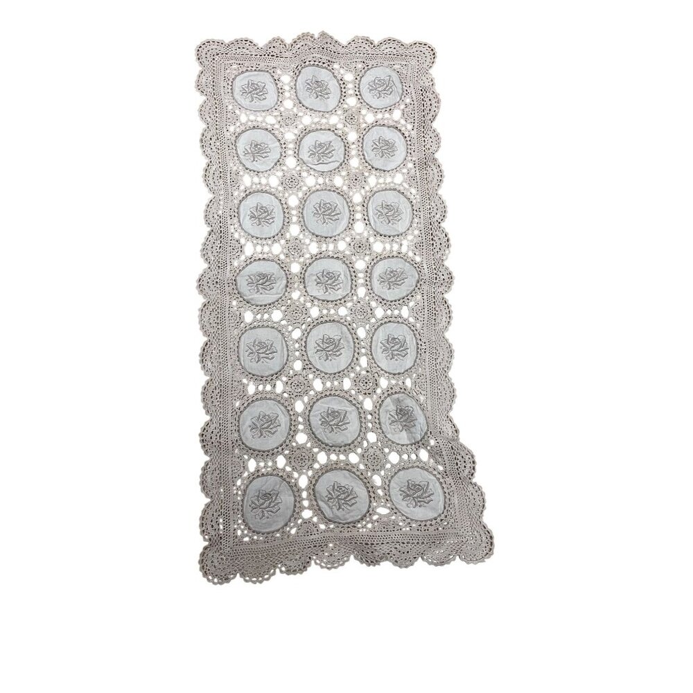 Vintage Crochet Lace Table Runner With‎ Floral Embroidery